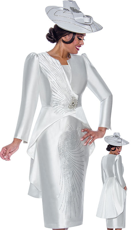 Elegant White GMI Church Suit w/ White Floral Strips